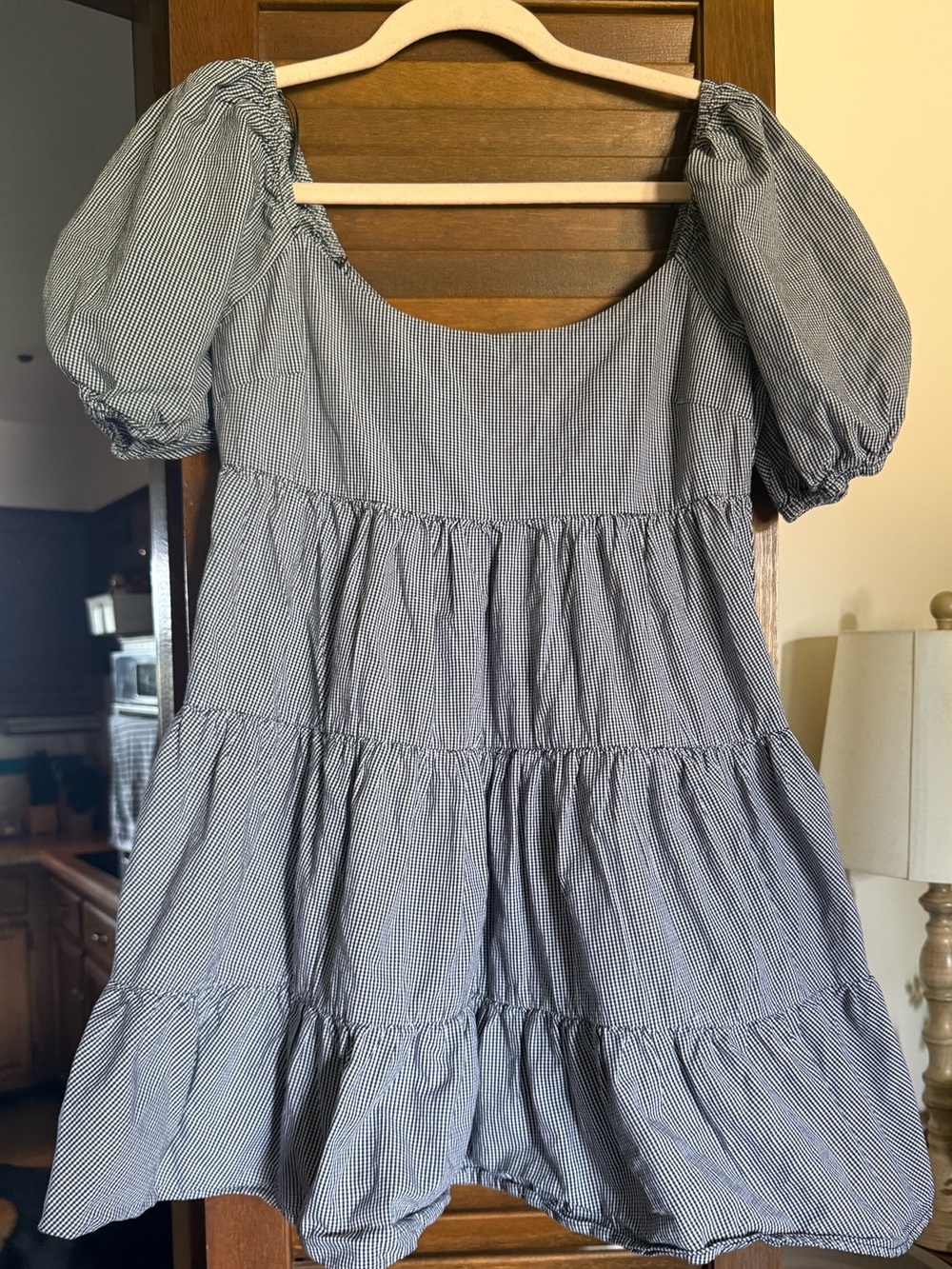 NIA gingham check black white puff sleeve tiered mini dress M 100% cotton EUC